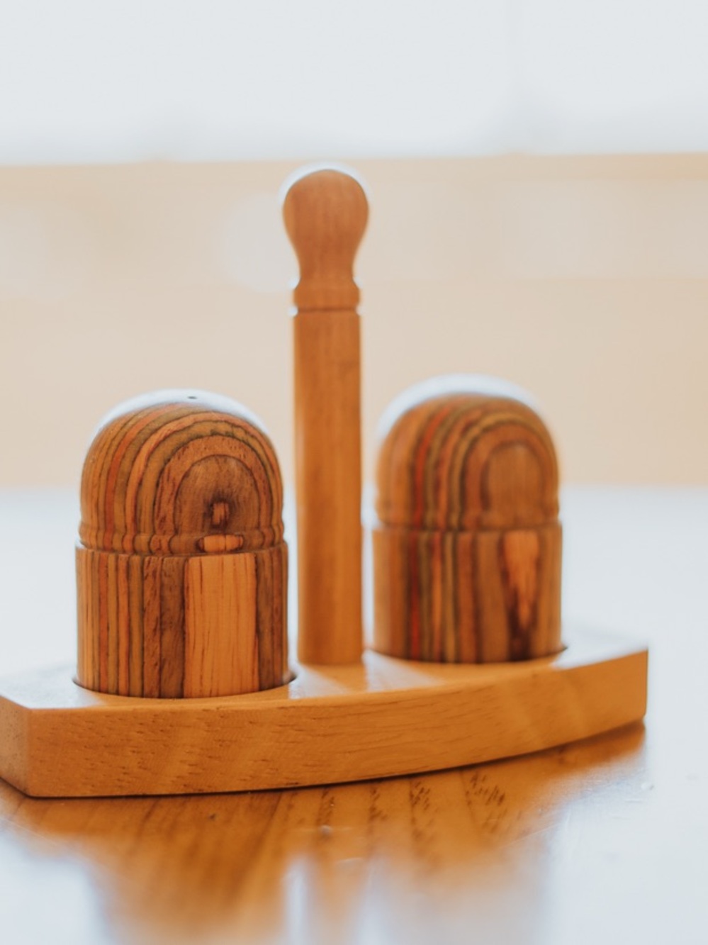 Vintage Wooden Salt and Pepper Shaker Set with Holder - Natural Wood
